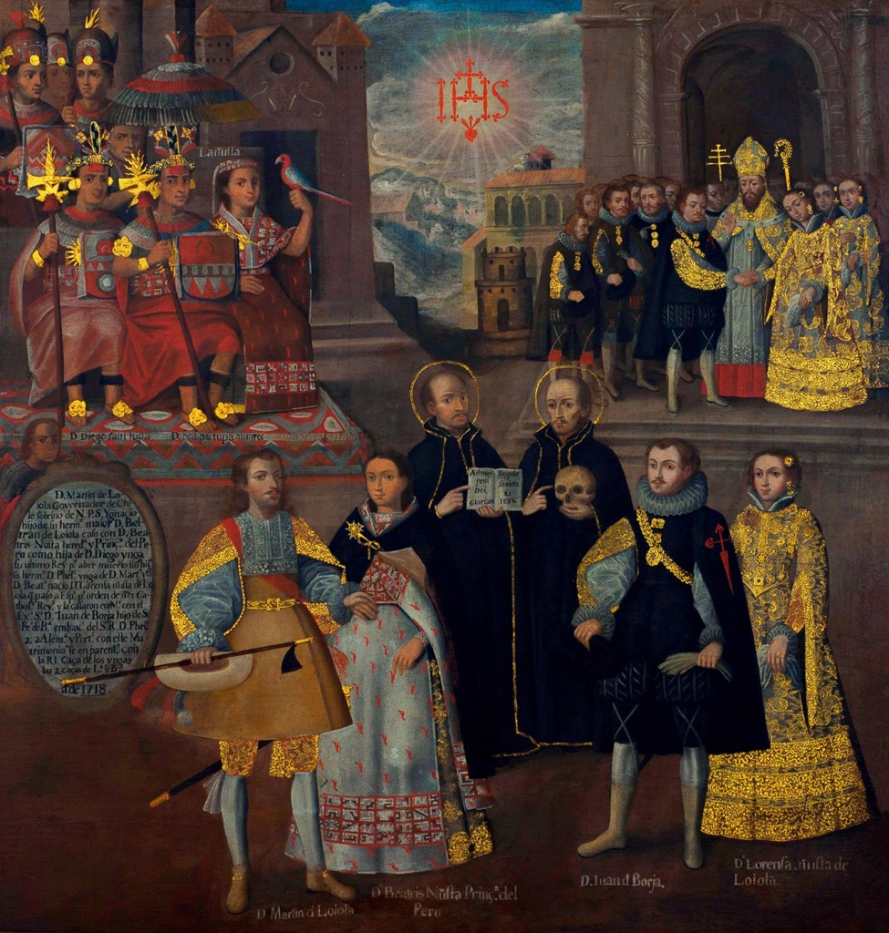 Anónimo. Matrimonio de Martín de Loyola con doña Beatriz Ñusta, y de Don Juan Borja con Lorenza Ñusta. 1718. Museo Pedro de Osma. Lima.